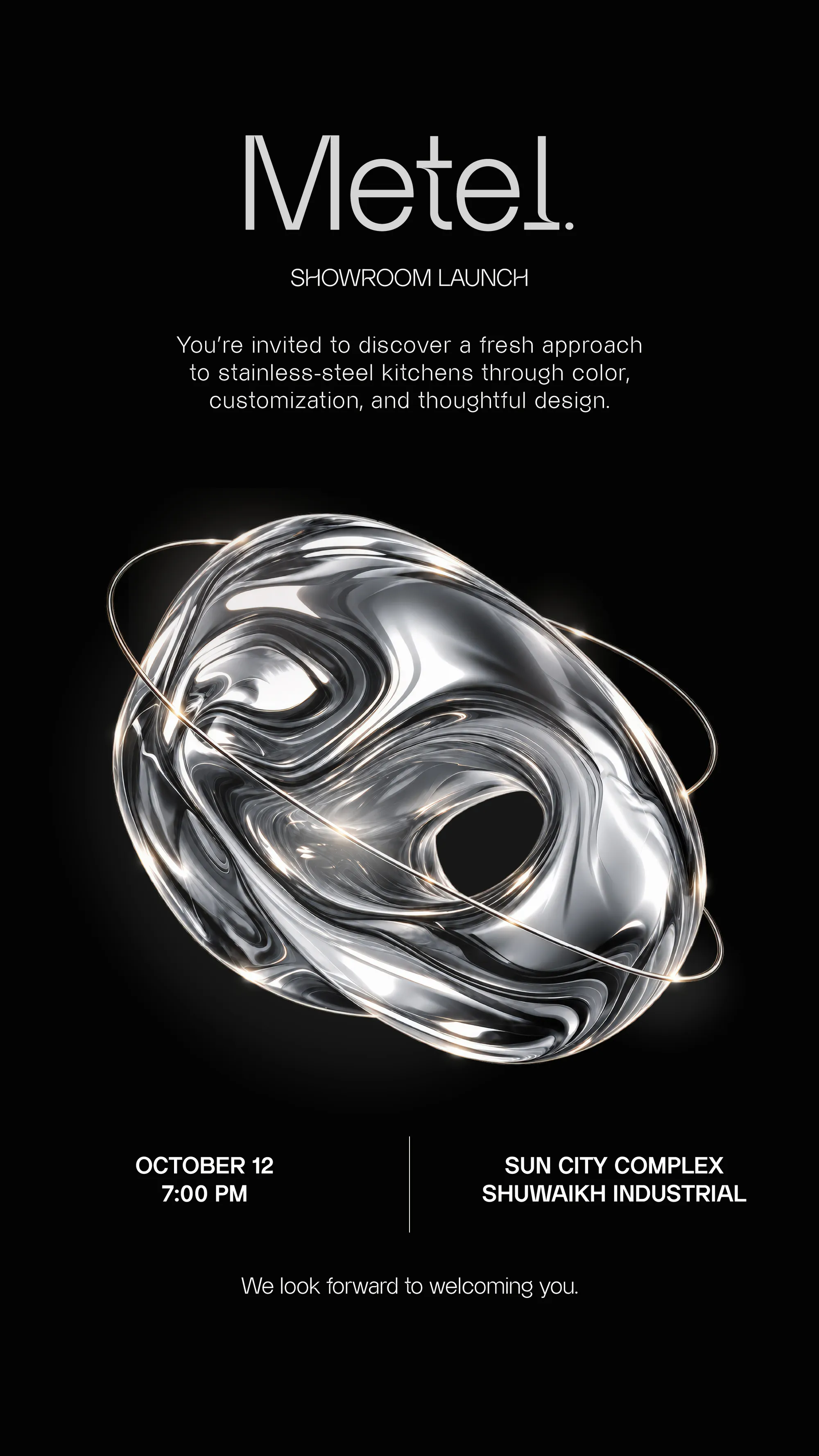 Metel showroom launch invitation, silver sculpture on black